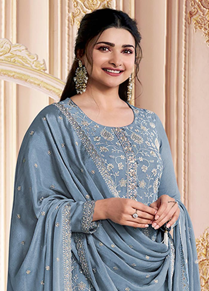 3 Pc Sky Blue Semi Stitched Silk Suit Set