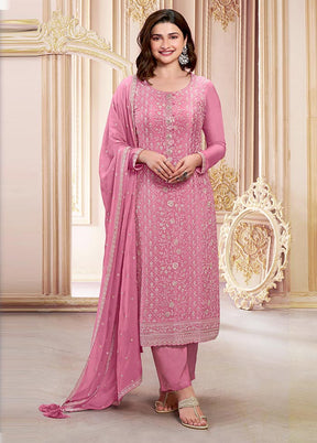 3 Pc Light Pink Semi Stitched Silk Suit Set