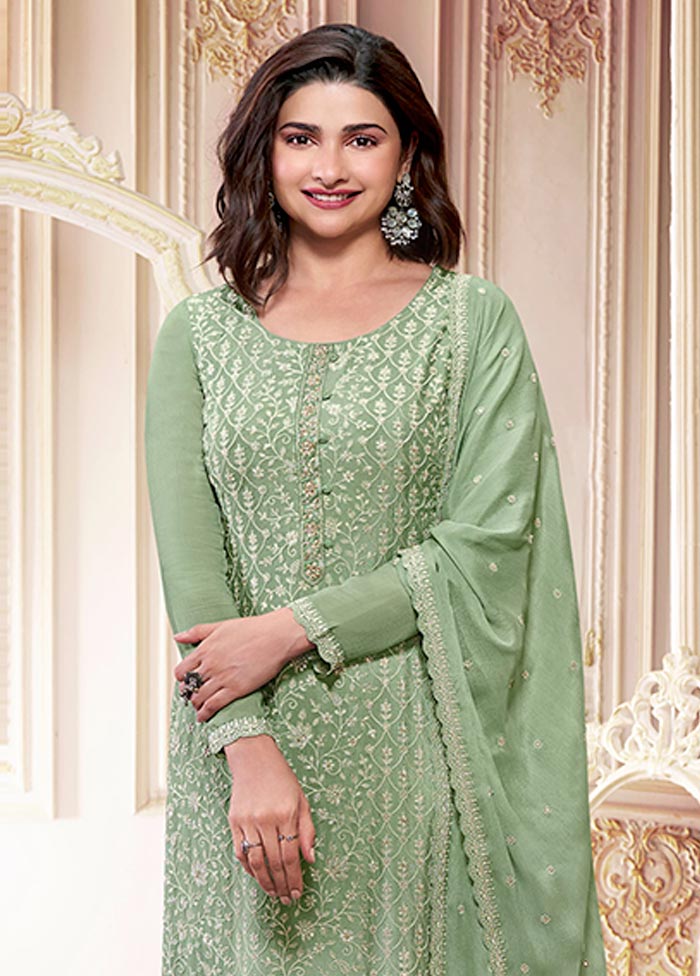 3 Pc Pista Green Semi Stitched Silk Suit Set