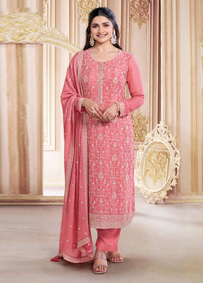 3 Pc Pink Semi Stitched Silk Suit Set