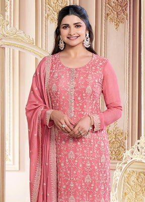 3 Pc Pink Semi Stitched Silk Suit Set