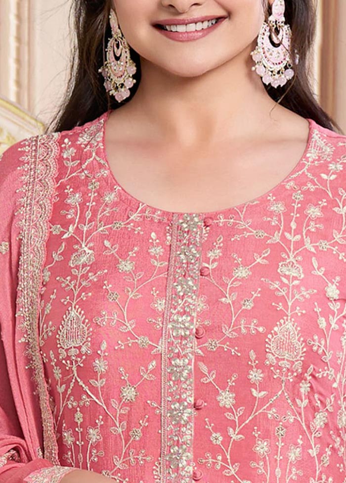 3 Pc Pink Semi Stitched Silk Suit Set