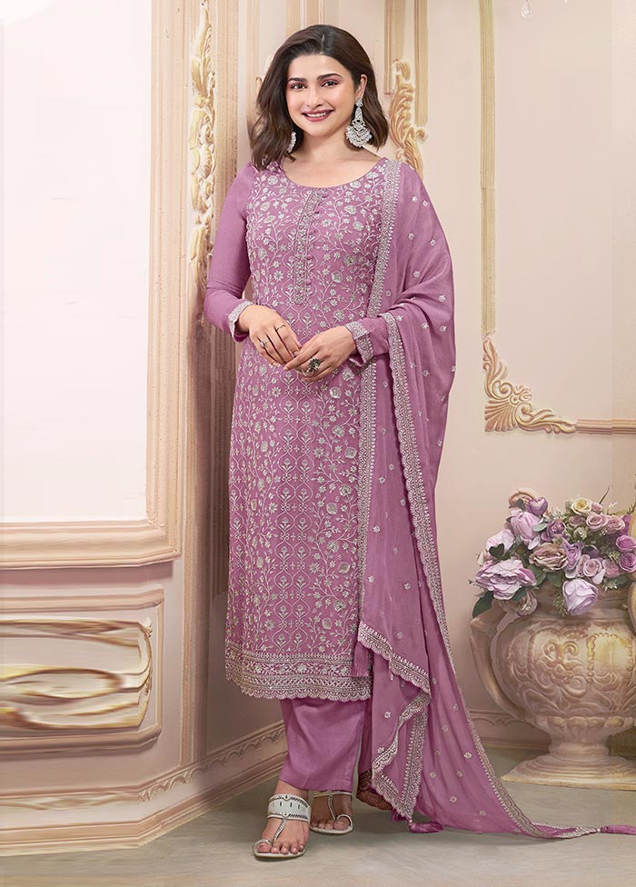 3 Pc Mauve Semi Stitched Silk Suit Set