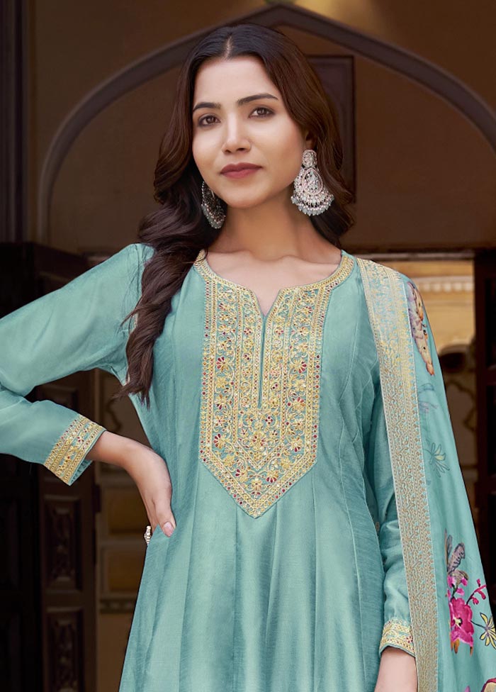 3 Pc Sky Blue Semi Stitched Silk Suit Set