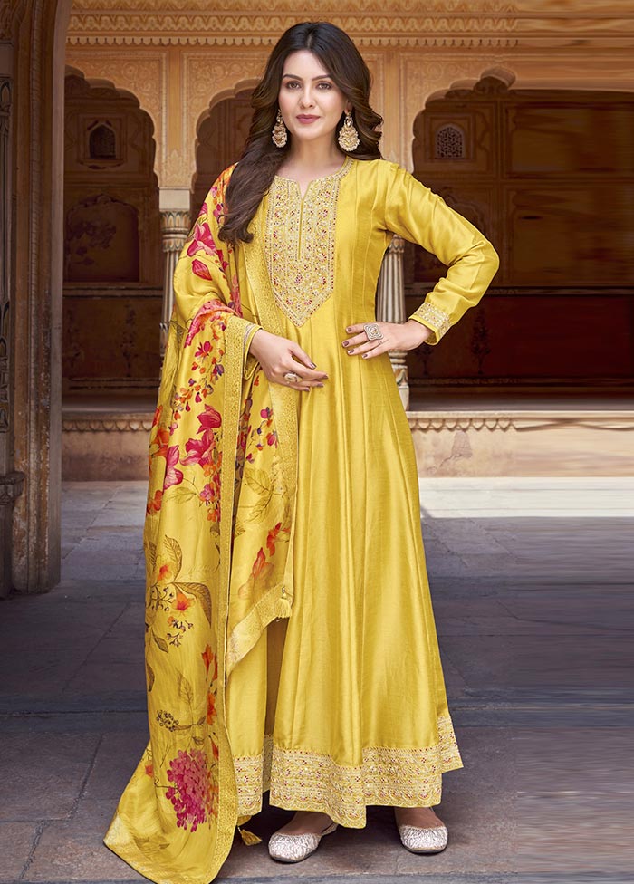 3 Pc Yellow Semi Stitched Silk Suit Set