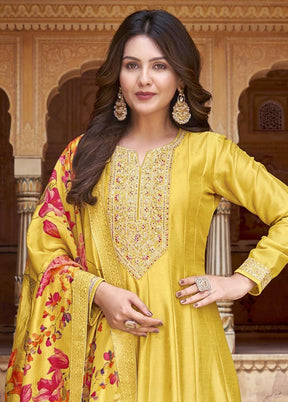 3 Pc Yellow Semi Stitched Silk Suit Set