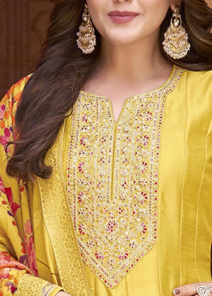 3 Pc Yellow Semi Stitched Silk Suit Set