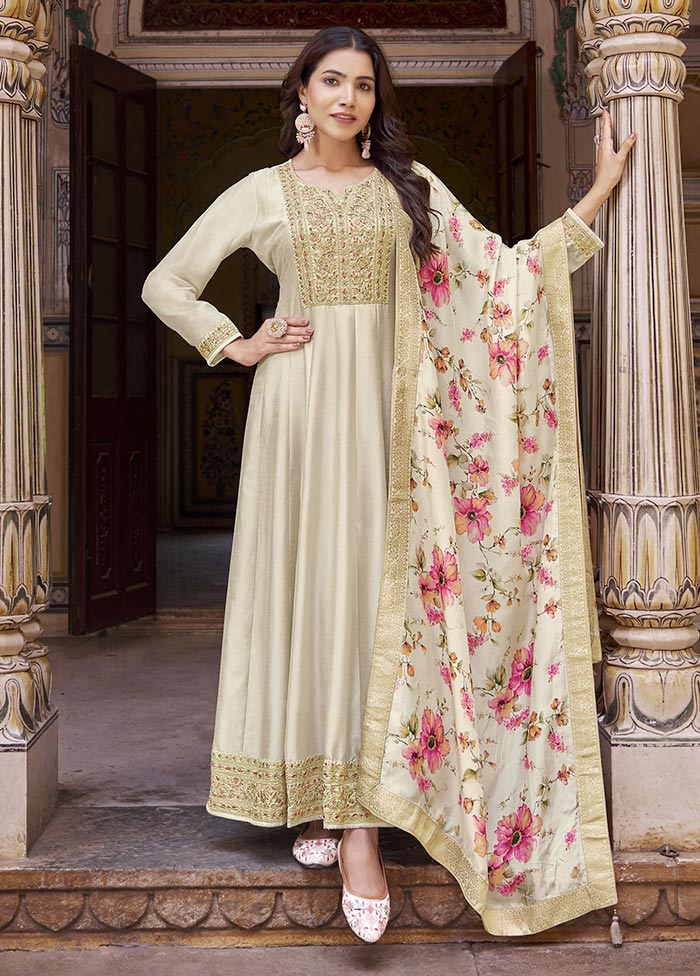 3 Pc Cream Semi Stitched Silk Suit Set