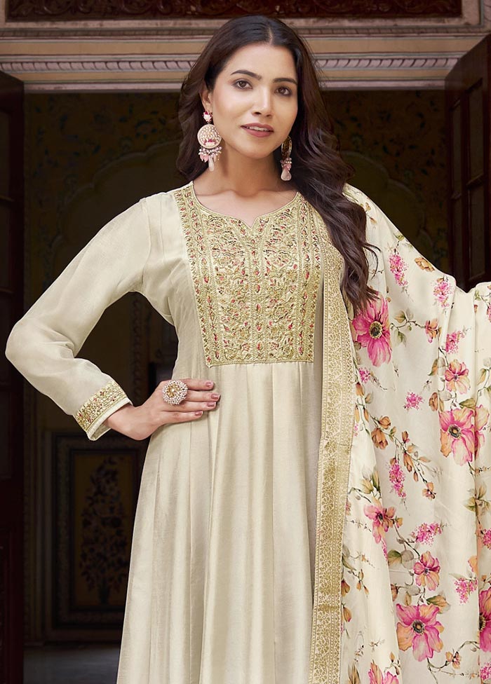 3 Pc Cream Semi Stitched Silk Suit Set