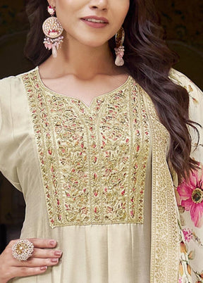 3 Pc Cream Semi Stitched Silk Suit Set