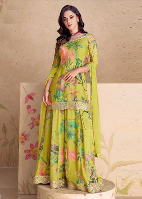 3 Pc Yellow Semi Stitched Silk Suit Set