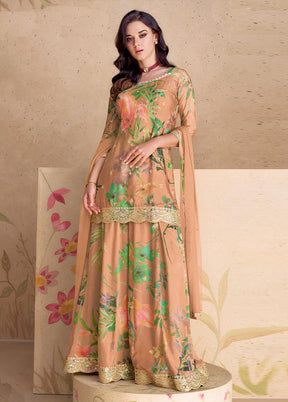 3 Pc Peach Semi Stitched Silk Suit Set