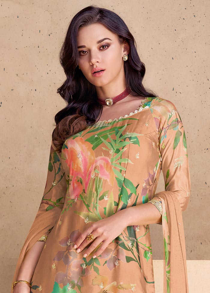 3 Pc Peach Semi Stitched Silk Suit Set