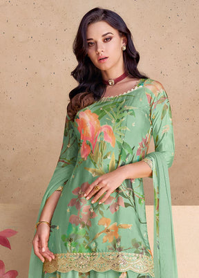 3 Pc Mint Green Semi Stitched Silk Suit Set