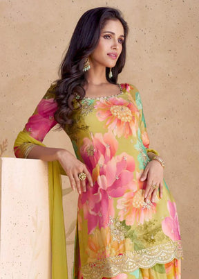 3 Pc Multicolor Semi Stitched Silk Suit Set