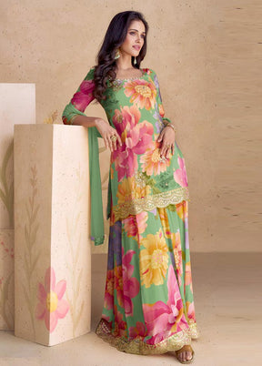 3 Pc Multicolor Semi Stitched Silk Suit Set