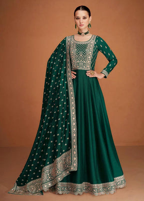 3 Pc Green Semi Stitched Silk Suit Set