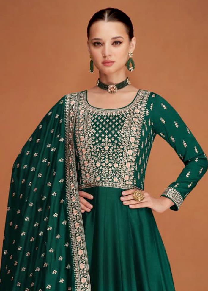 3 Pc Green Semi Stitched Silk Suit Set