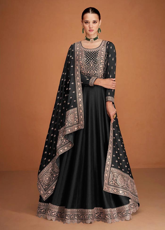 3 Pc Black Semi Stitched Silk Suit Set