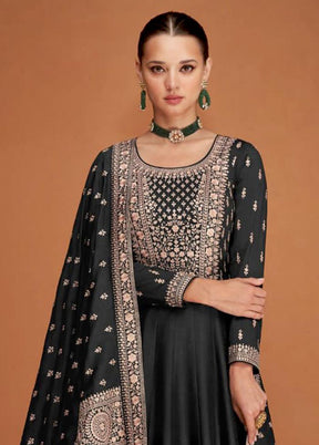 3 Pc Black Semi Stitched Silk Suit Set