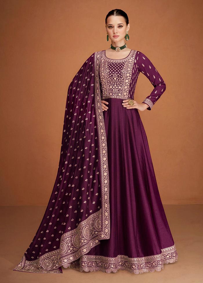 3 Pc Dark Purple Semi Stitched Silk Suit Set