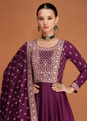 3 Pc Dark Purple Semi Stitched Silk Suit Set