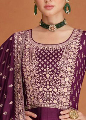 3 Pc Dark Purple Semi Stitched Silk Suit Set