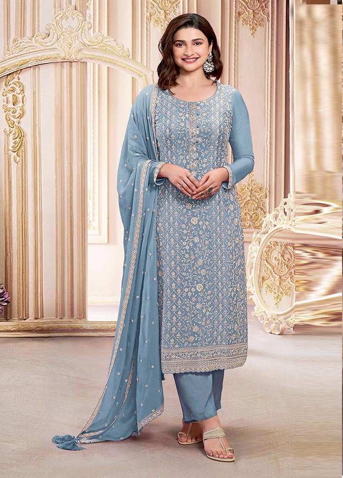 3 Pc Sky Blue Semi Stitched Georgette Suit Set