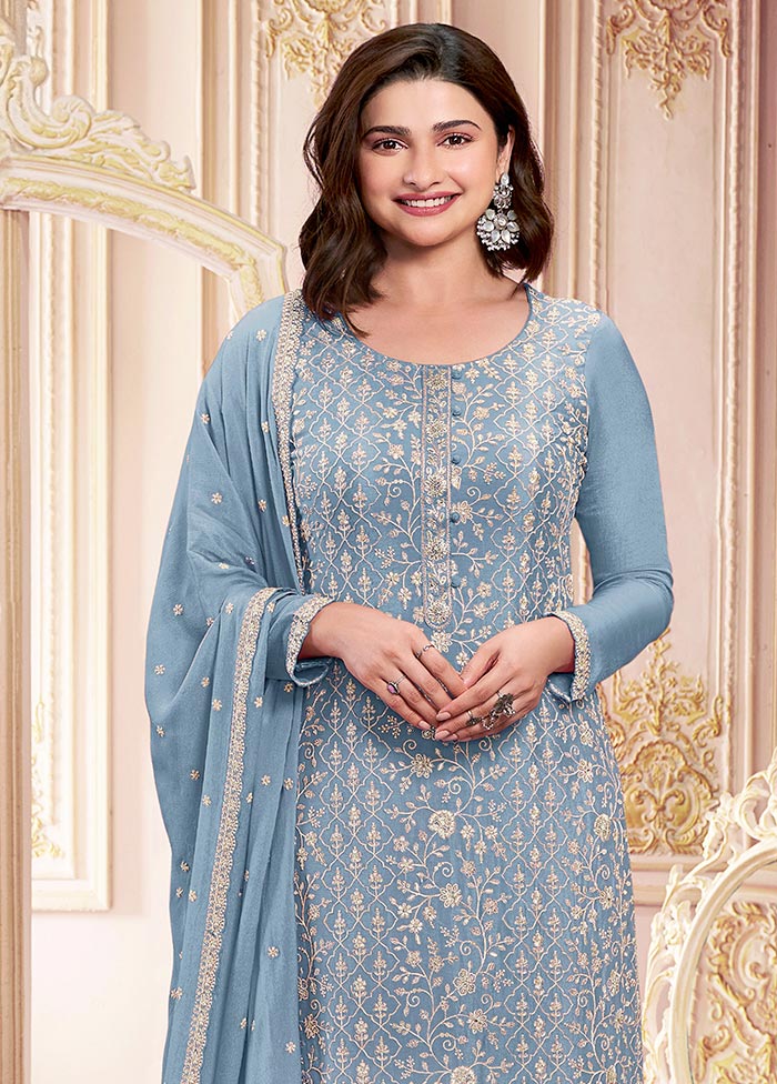 3 Pc Sky Blue Semi Stitched Georgette Suit Set