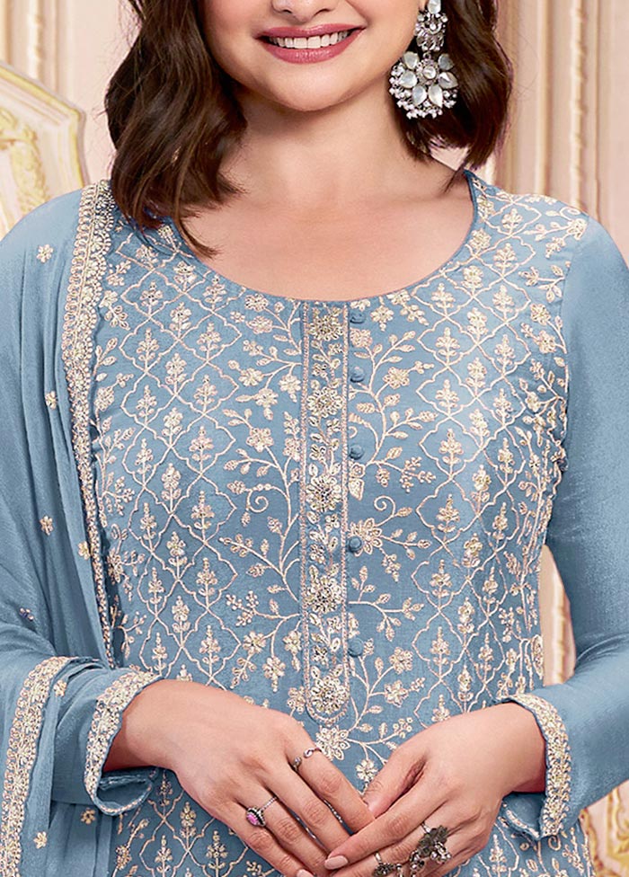 3 Pc Sky Blue Semi Stitched Georgette Suit Set