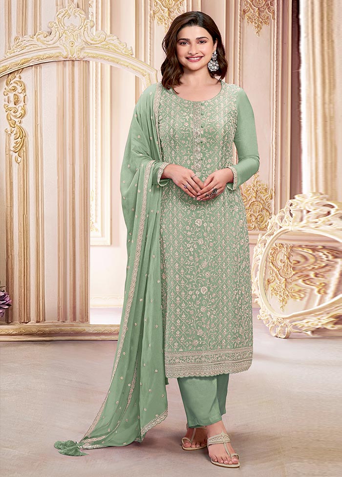 3 Pc Pista Green Semi Stitched Georgette Suit Set