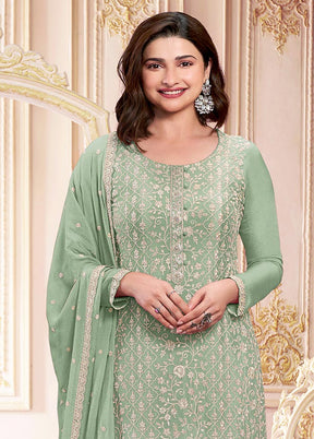 3 Pc Pista Green Semi Stitched Georgette Suit Set