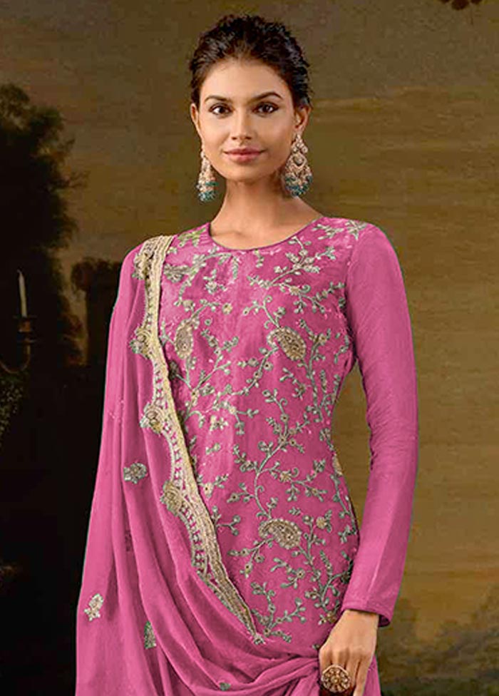 3 Pc Pink Semi Stitched Silk Suit Set