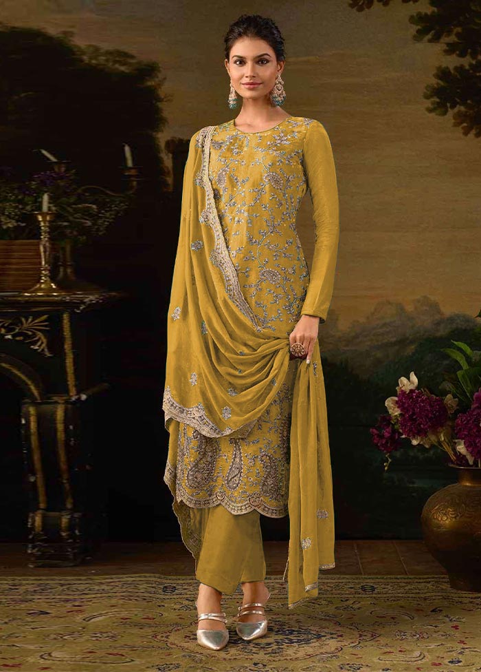 3 Pc Yellow Semi Stitched Silk Suit Set