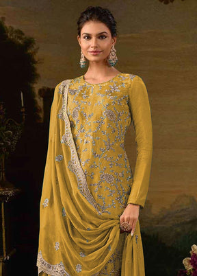 3 Pc Yellow Semi Stitched Silk Suit Set