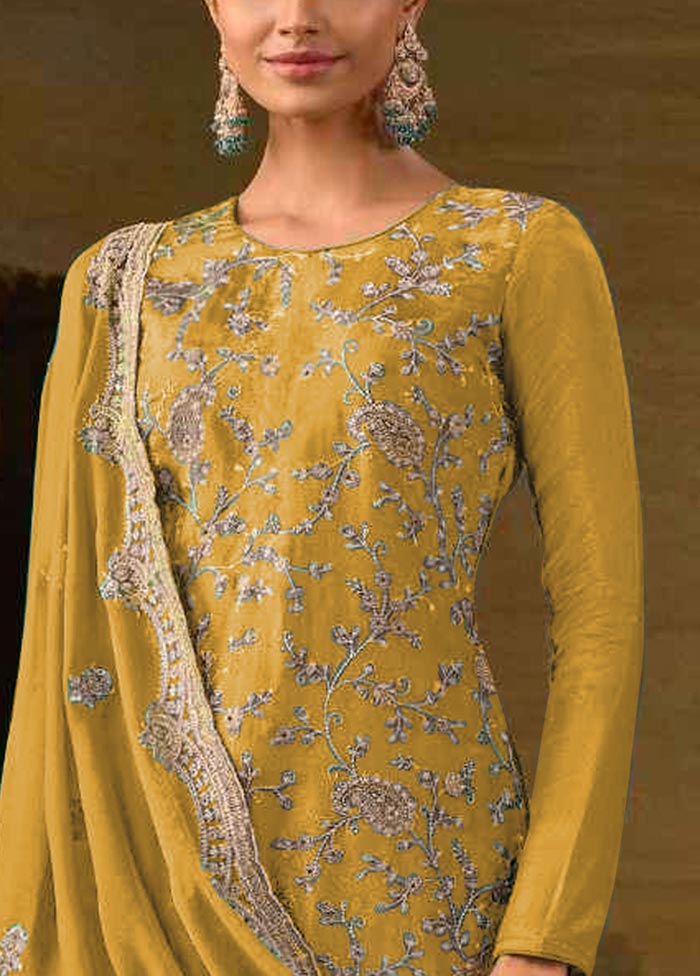 3 Pc Yellow Semi Stitched Silk Suit Set