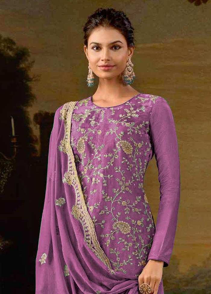 3 Pc Pink Semi Stitched Silk Suit Set