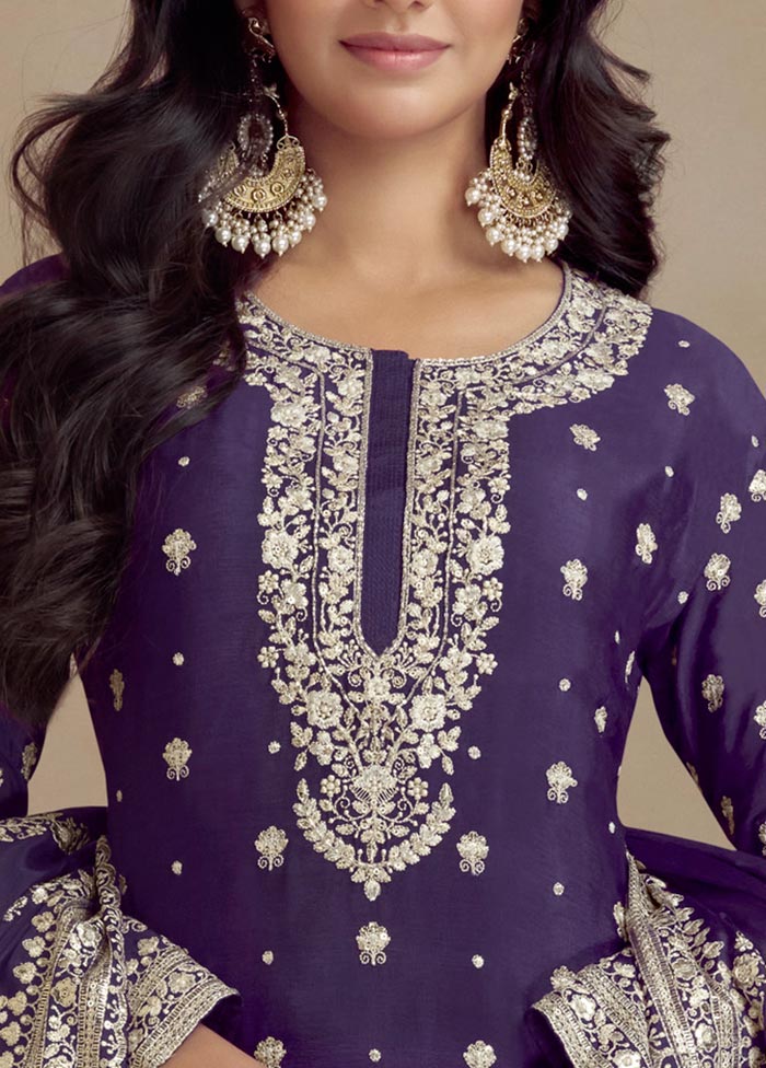 3 Pc Purple Semi Stitched Silk Suit Set