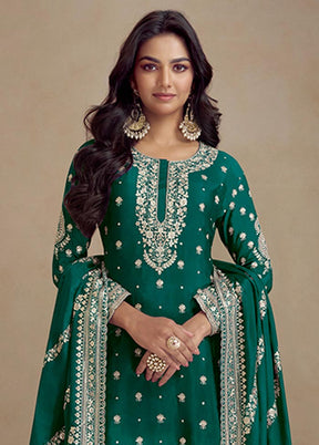 3 Pc Teal Green Semi Stitched Silk Suit Set