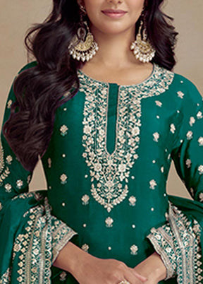 3 Pc Teal Green Semi Stitched Silk Suit Set