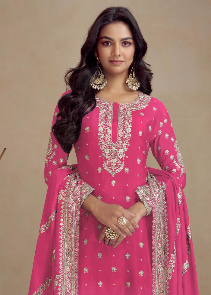 3 Pc Pink Semi Stitched Silk Suit Set