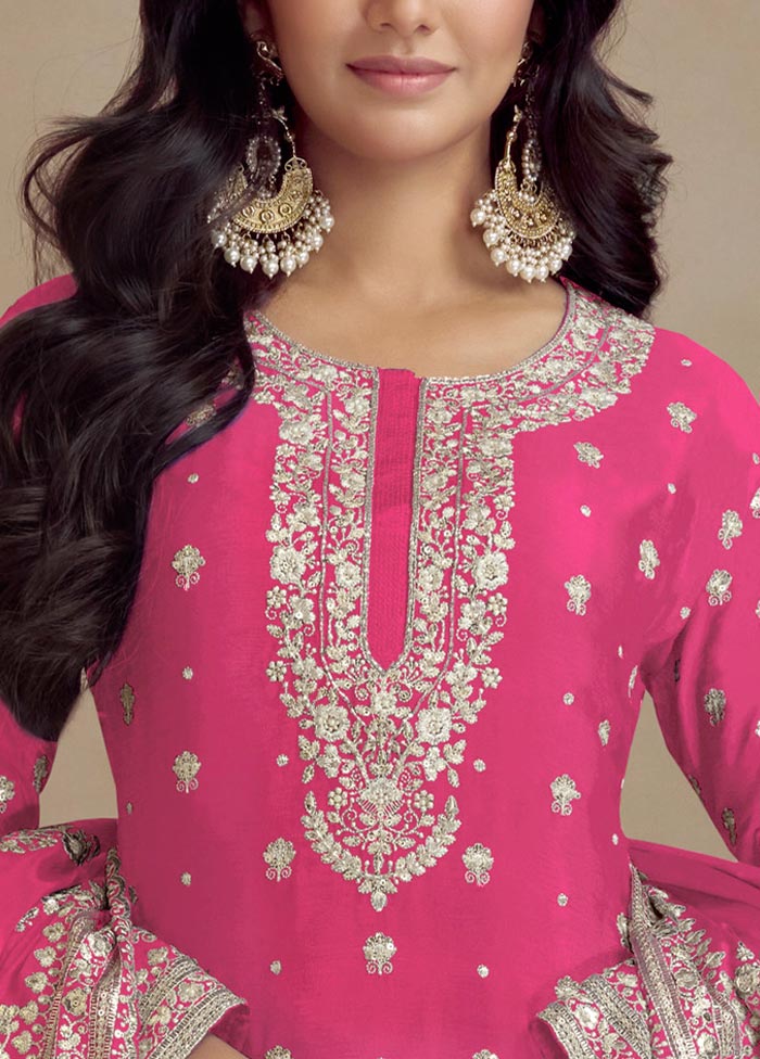 3 Pc Pink Semi Stitched Silk Suit Set