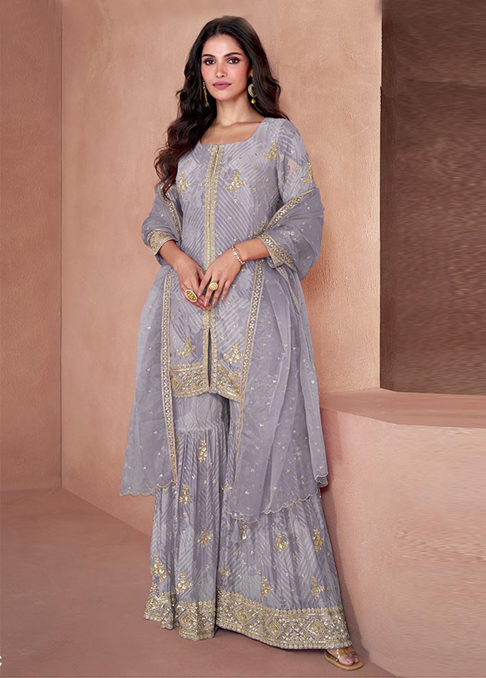 3 Pc Grey Semi Stitched Georgette Suit Set