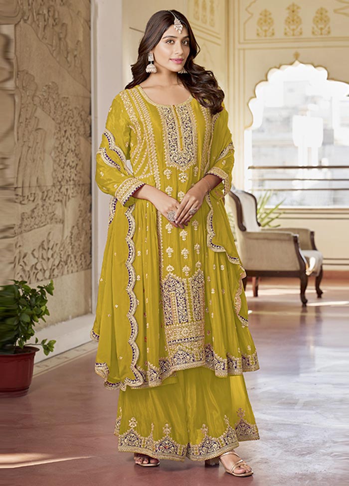 3 Pc Yellow Semi Stitched Silk Suit Set