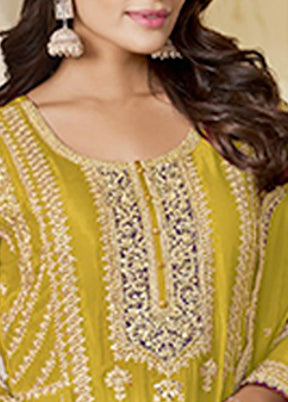 3 Pc Yellow Semi Stitched Silk Suit Set