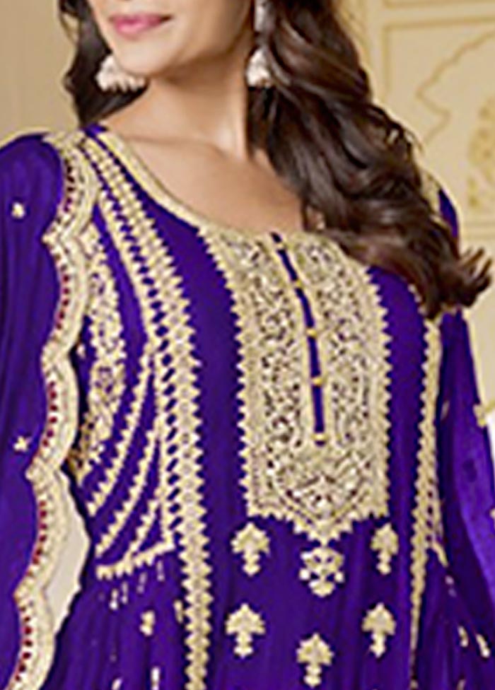 3 Pc Purple Semi Stitched Silk Suit Set