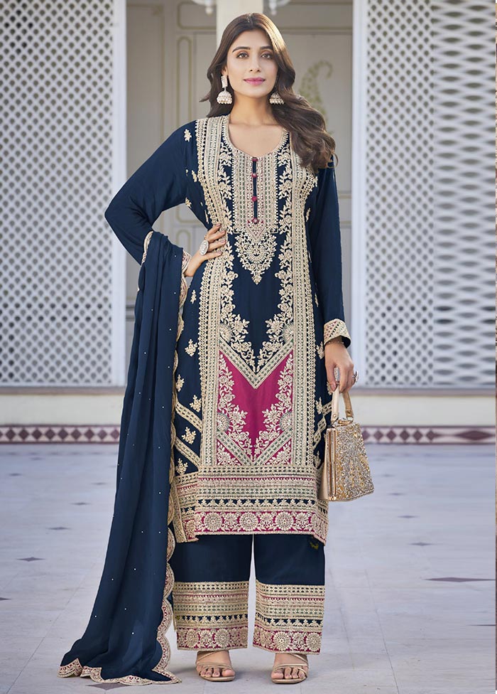 3 Pc Navy Blue Semi Stitched Silk Suit Set