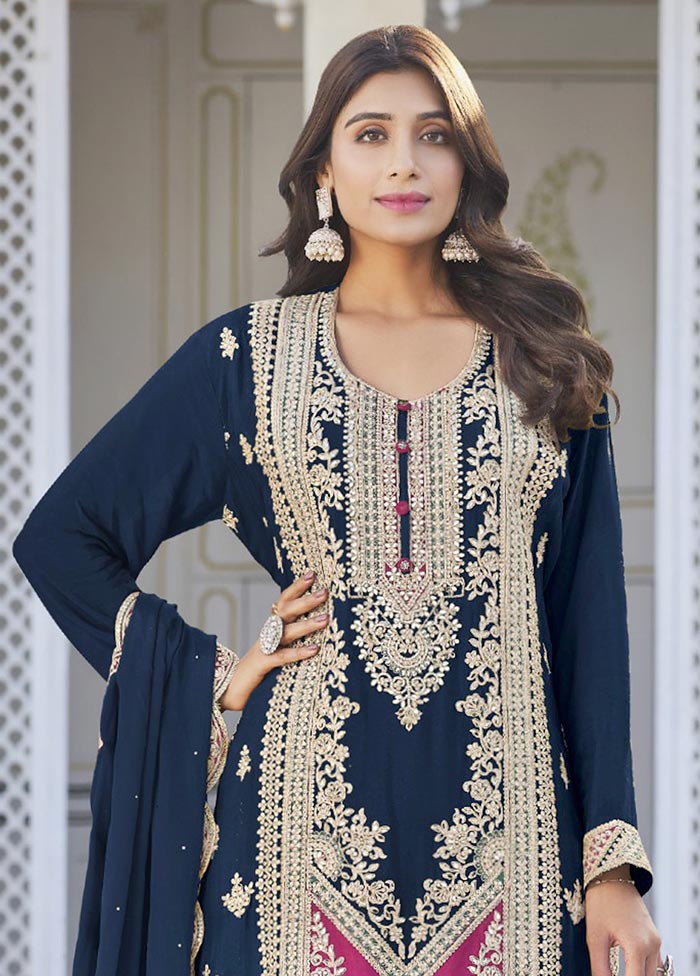 3 Pc Navy Blue Semi Stitched Silk Suit Set