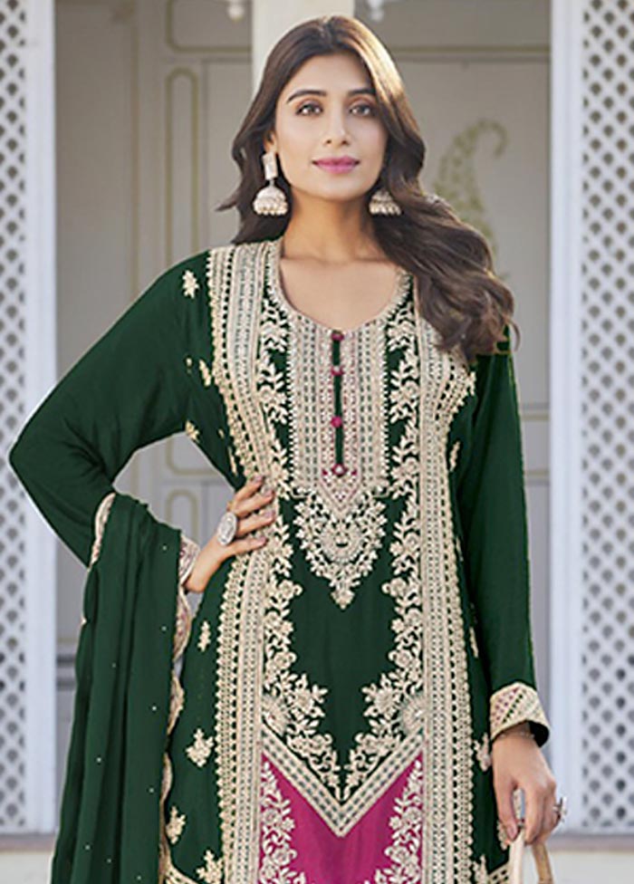 3 Pc Green Semi Stitched Silk Suit Set