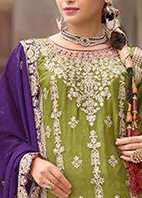 3 Pc Light Green Semi Stitched Silk Suit Set